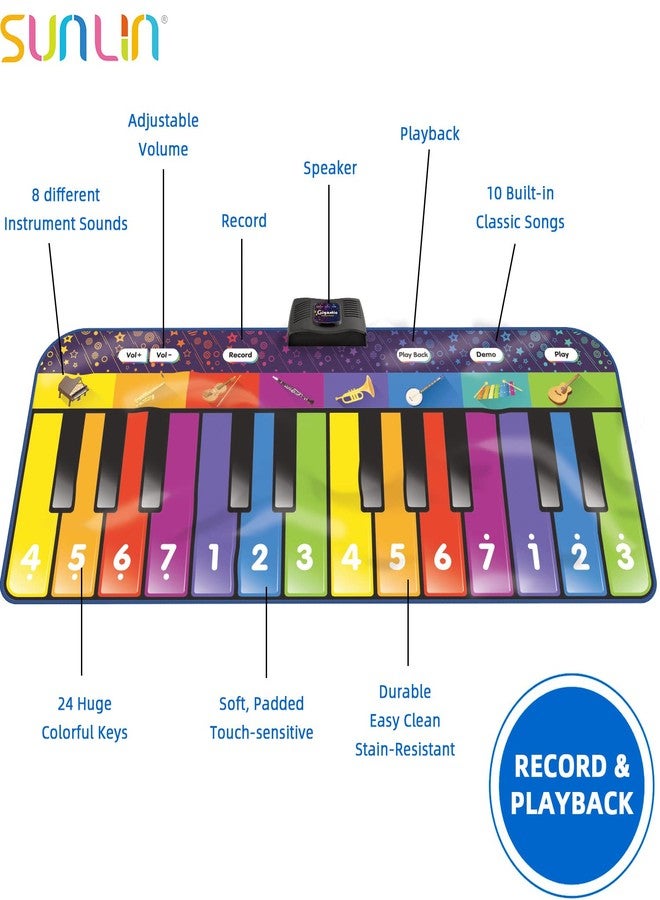 SUNLIN 6 ft. Floor Piano Mat for Kids & Toddlers, Giant Piano Mat, 24 Keys, 10 Built in Songs, 8 Instrument Sounds, Record & Playback, Song Booklet, Musical Toy Gift for Boys & Girls Age 3 4 5 6 7 8 9 - Image 3